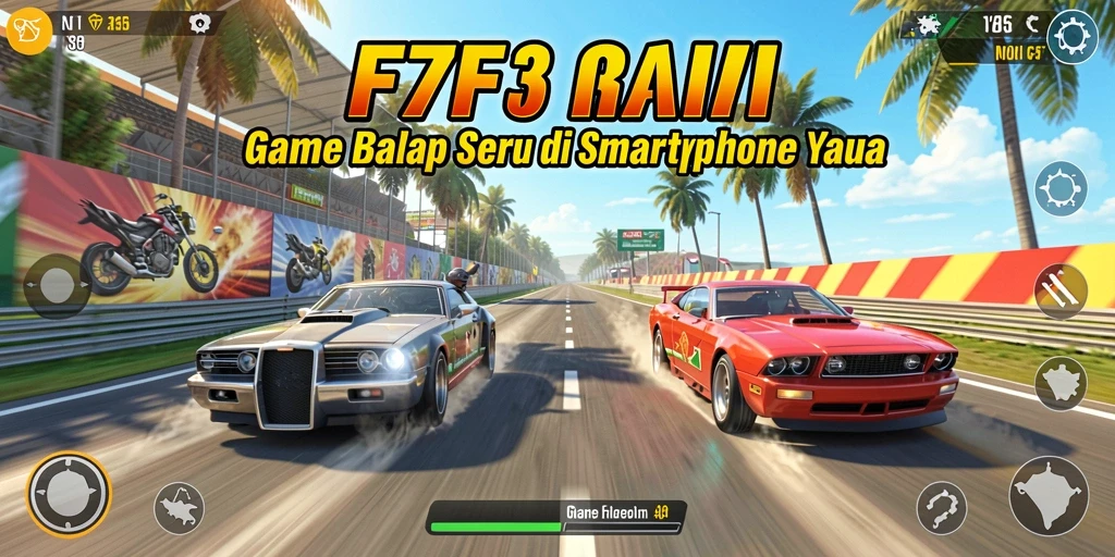 Tampilan gameplay seru F7F7 dengan mobil balap dan trek menantang.