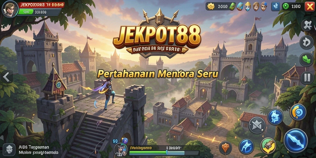 Screenshot gameplay JEKPOT88 menampilkan menara yang siap melawan musuh.