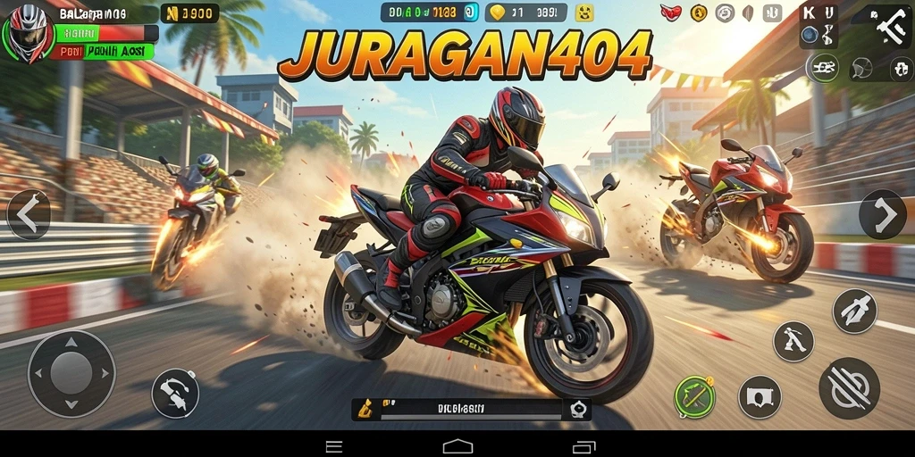 Screenshot utama JURAGAN404 menampilkan aksi balapan motor yang mendebarkan.