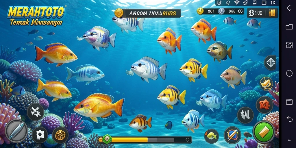Tampilan gameplay MERAHTOTO yang menarik dengan ikan berwarna-warni.