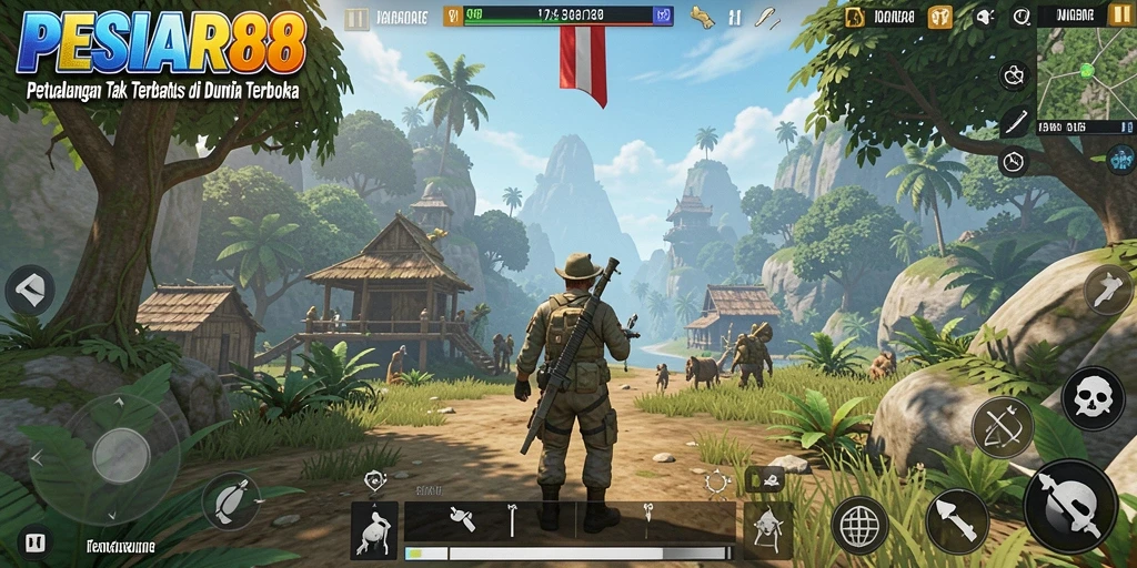 Screenshot utama PESIAR88 menunjukkan petualangan seru dalam dunia terbuka.