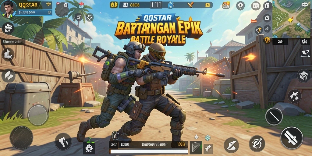 Tangkapan layar utama QQSTAR menunjukkan aksi pertarungan Battle Royale yang mendebarkan.