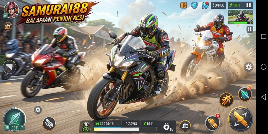 Tangkapan layar menampilkan balapan motor yang mendebarkan di SAMURAI88.