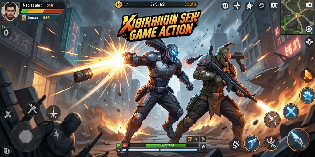 Tampilan aksi dinamis dalam game X168 saat melawan musuh.